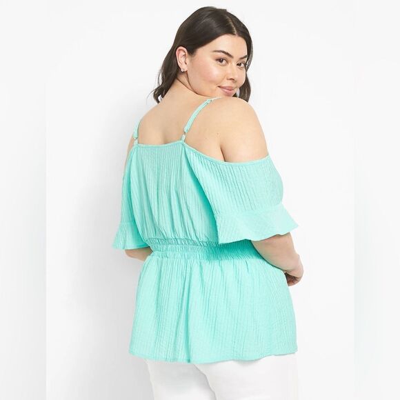 Lane Bryant Cold-Shoulder Smocked Waist Top - Picture 3 of 9